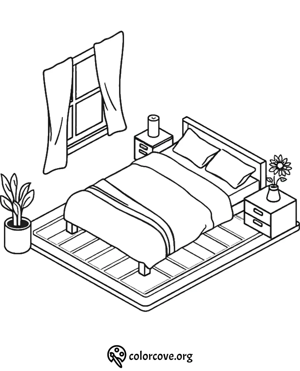 Isometric bedroom coloring page with bed, bedside tables, window, plant, and flower. Perfect for young artists.