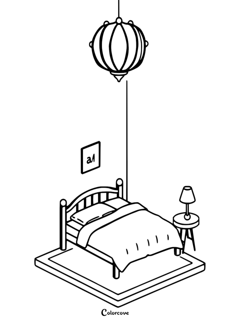 A minimalist isometric coloring page featuring a bed, a bedside table with a lamp, a hanging pendant light, and a small framed picture on the wall.