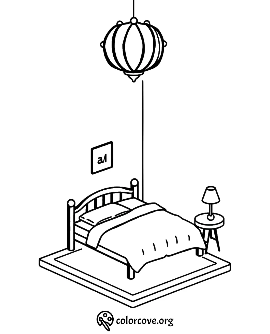 Cozy bedroom coloring page with bed, lamp, and hanging lantern, perfect for relaxing and creative coloring activities.