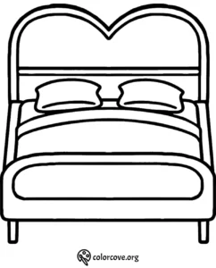 Line art coloring page of a bed with heart-shaped headboard and pillows, perfect for kids and adults to color.