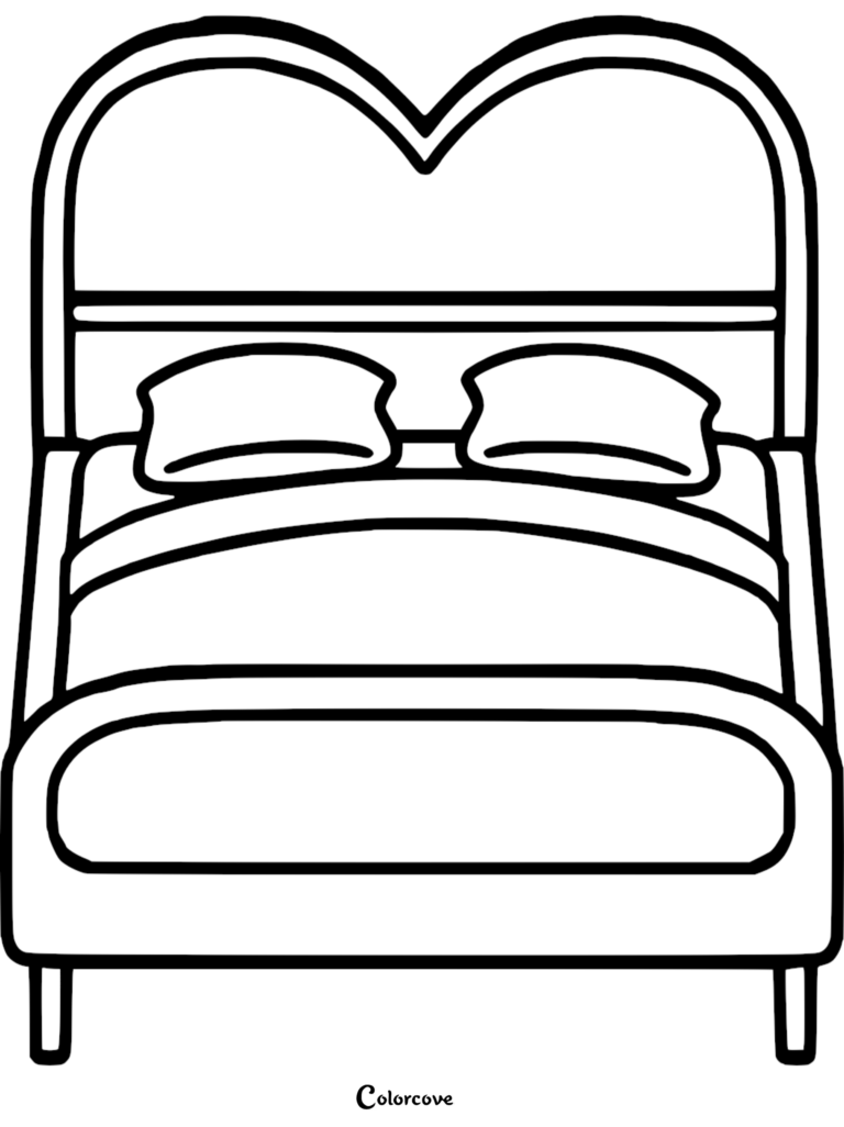 A simple line art coloring page featuring a cozy bed with a distinct heart-shaped headboard and two fluffy pillows.