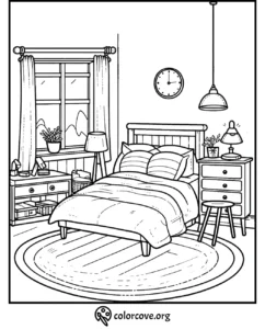 Cozy bedroom coloring page with bed, nightstand, window, and decor for relaxation and creativity.