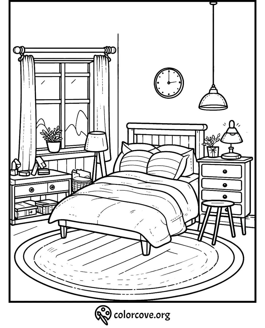 Cozy bedroom coloring page with bed, nightstand, window, and decor for relaxation and creativity.