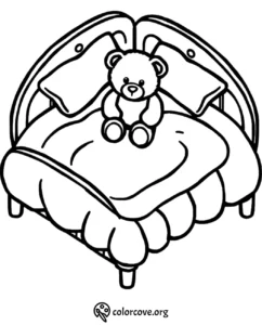 Teddy bear on bed coloring page for kids' fun and creativity. Perfect bedtime theme illustration to color.