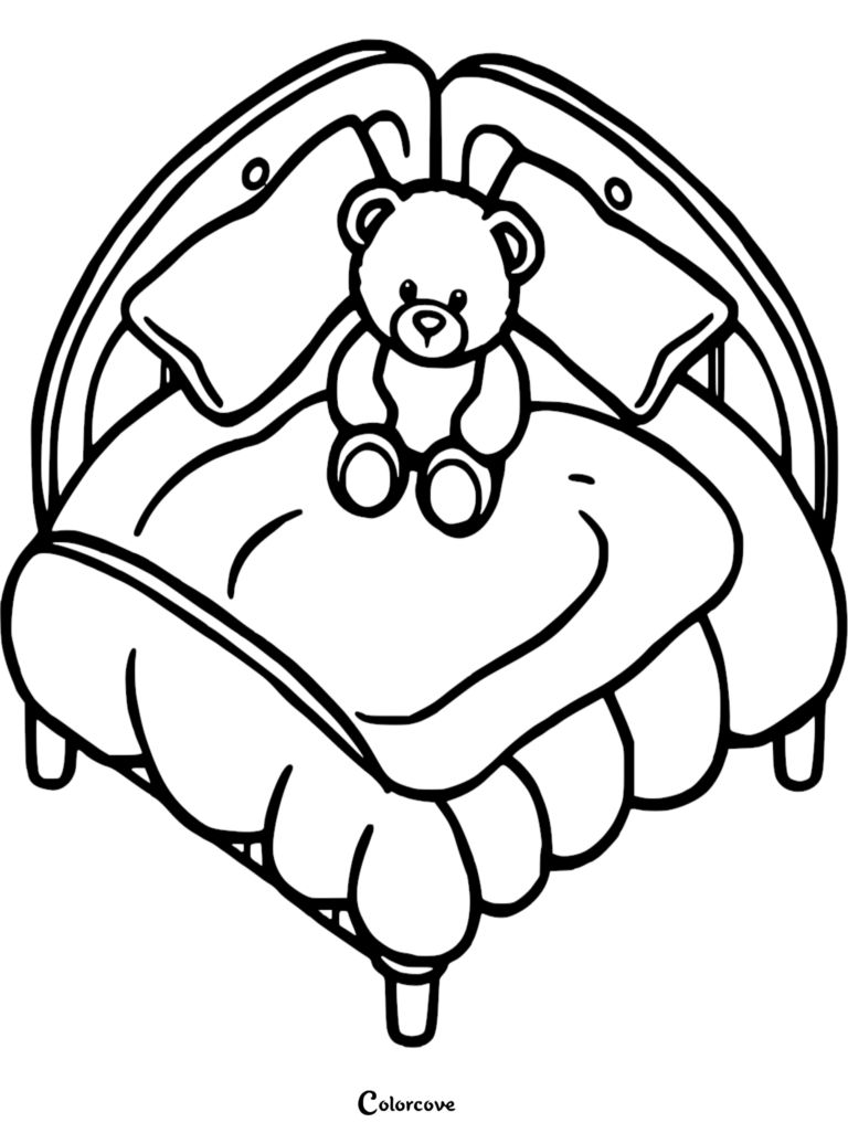 A cute teddy bear sitting on a plush bed with two pillows, presented as a simple line art coloring page.