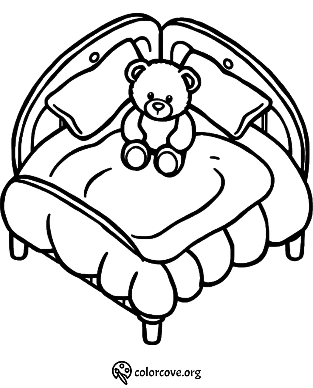 Teddy bear on bed coloring page for kids' fun and creativity. Perfect bedtime theme illustration to color.