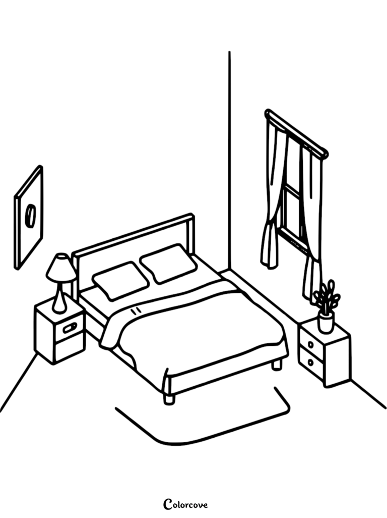 Isometric line art of a cozy bedroom featuring a double bed, two nightstands with a lamp and plant, a window with curtains, and wall art, perfect as a printable coloring page.