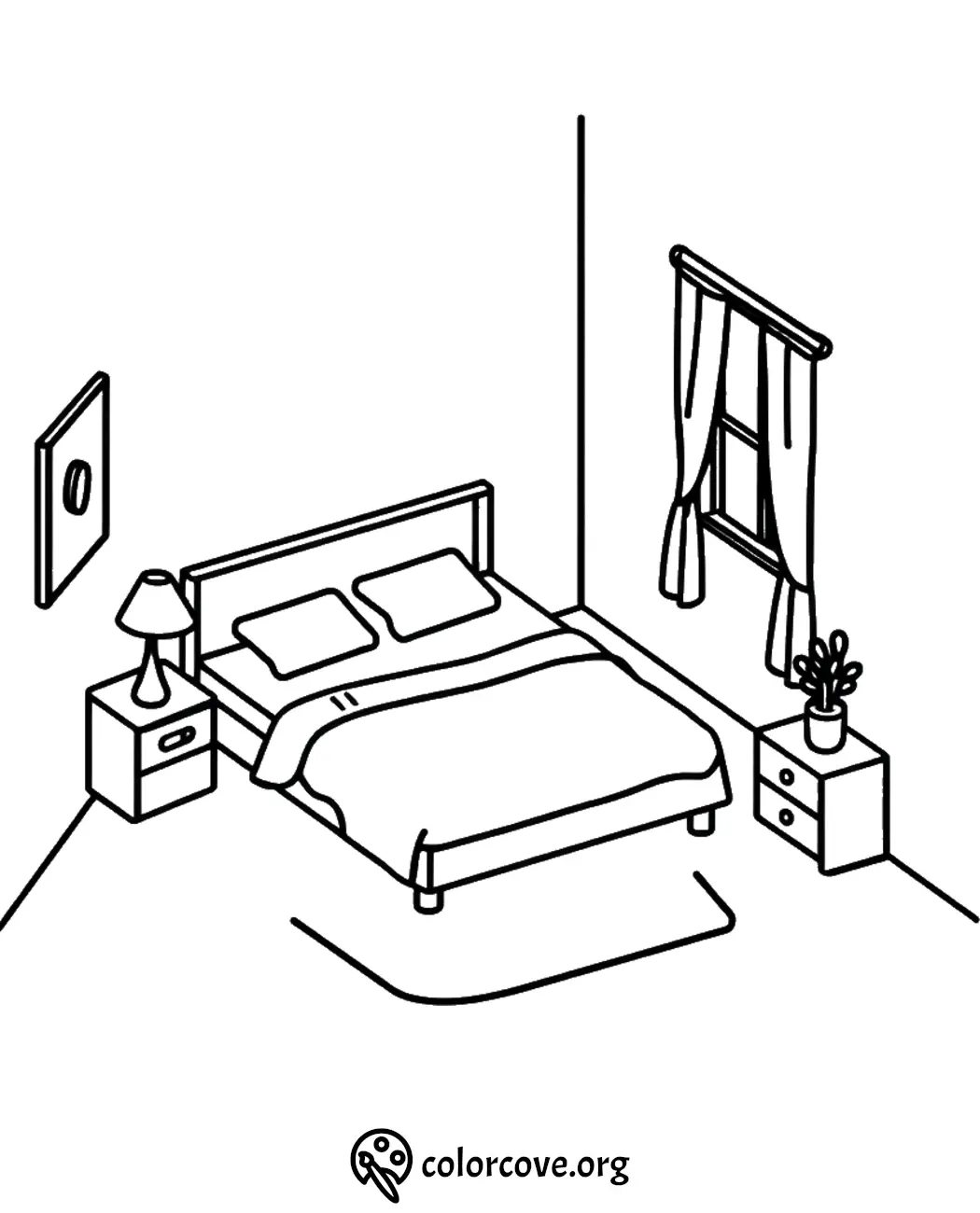 Isometric bedroom coloring page featuring bed, nightstands, lamp, window with curtains, and wall art outline.