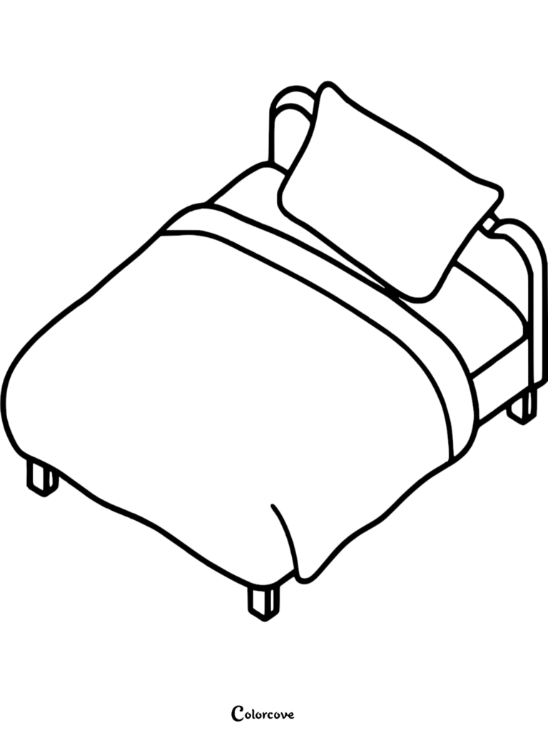 Isometric line art of a single bed with a fluffy duvet and one pillow, perfect as a cozy bedroom coloring page.