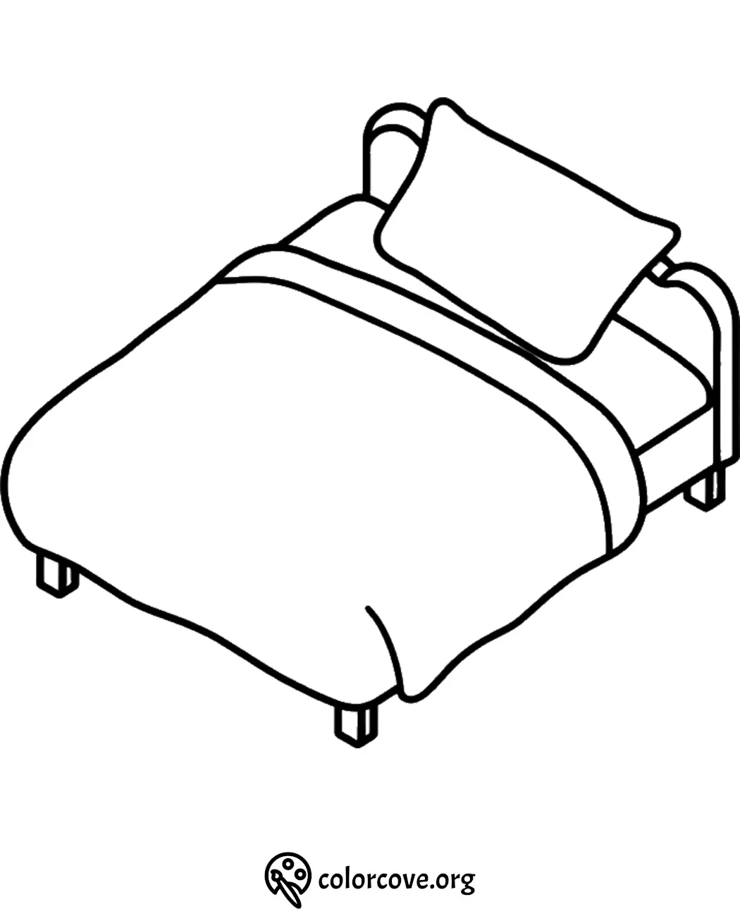 Coloring page of a bed with a pillow and blanket, perfect for kids' bedroom decor activities.