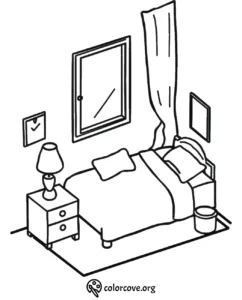 Cozy bedroom coloring page with bed, nightstand, lamp, window, and decor. Ideal for relaxation and creativity.