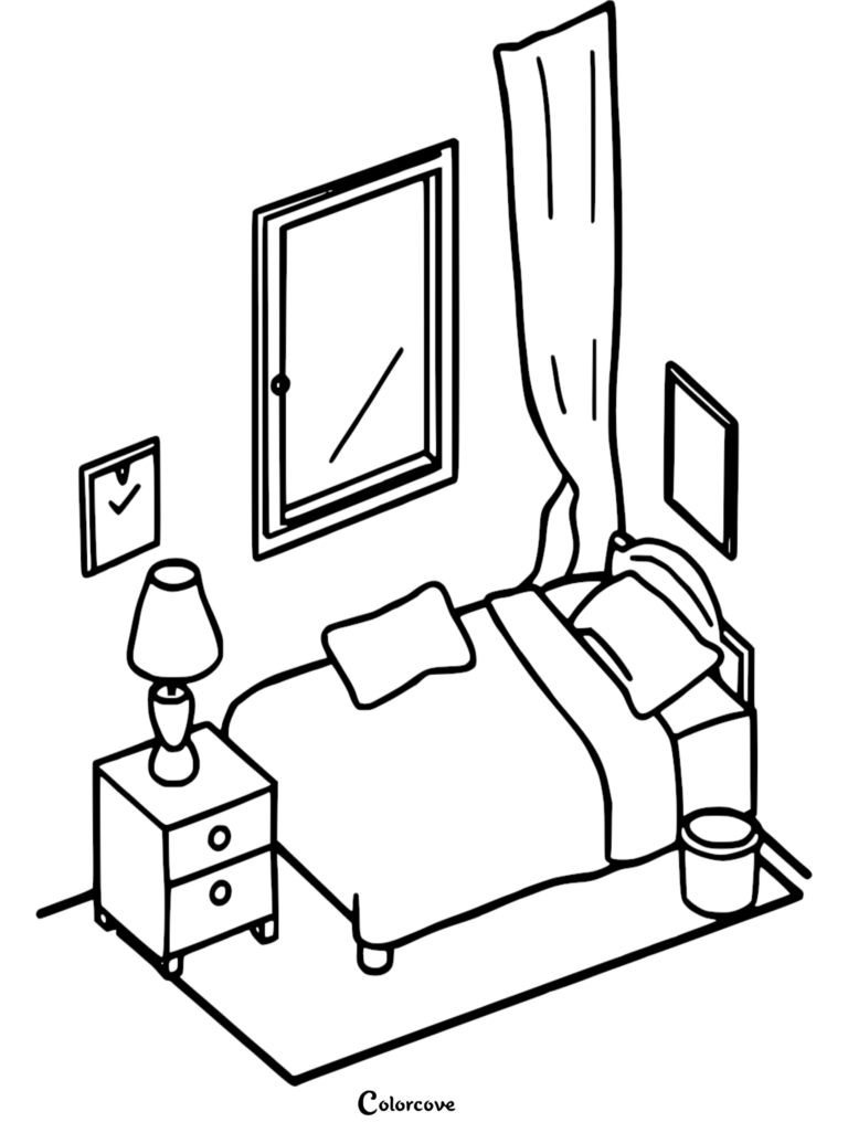 Isometric coloring page of a cozy bedroom featuring a bed with pillows, a nightstand with a lamp, a window with curtains, and wall art.