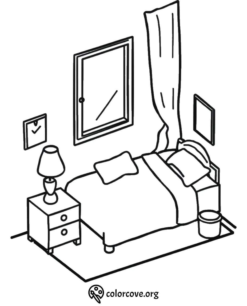 Cozy bedroom coloring page with bed, nightstand, lamp, window, and decor. Ideal for relaxation and creativity.