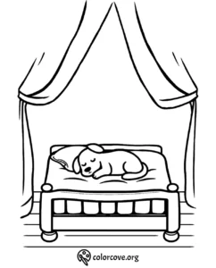 Sleeping puppy on a cozy bed coloring page with draped canopy. Ideal for kids' creative activities.