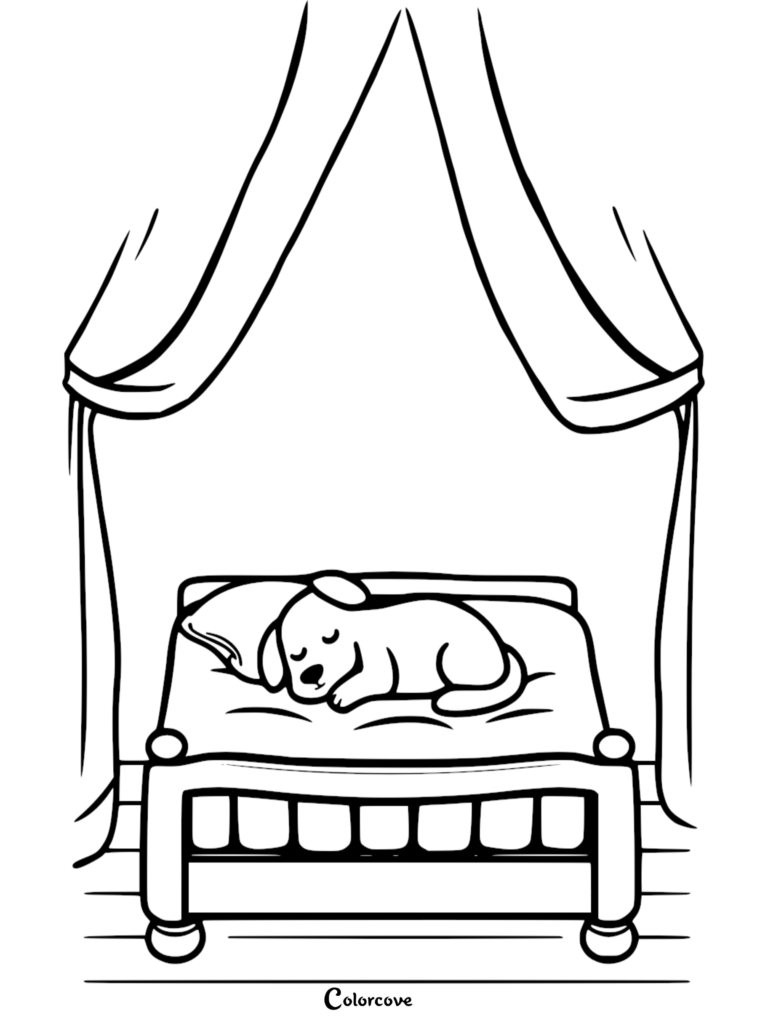 A cute puppy sleeping on a pillow in a canopy bed, line art coloring page.