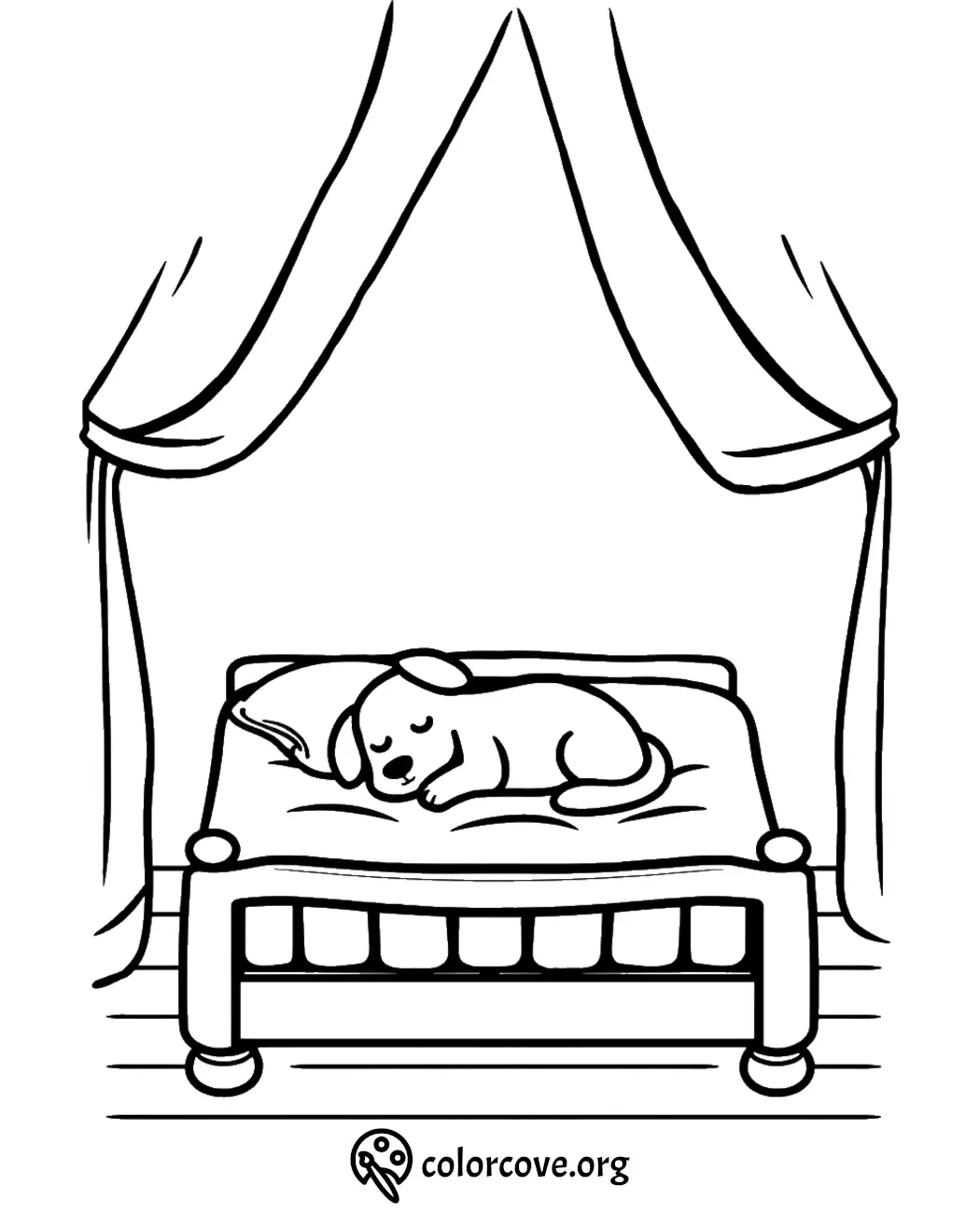 Sleeping puppy on a cozy bed coloring page with draped canopy. Ideal for kids' creative activities.