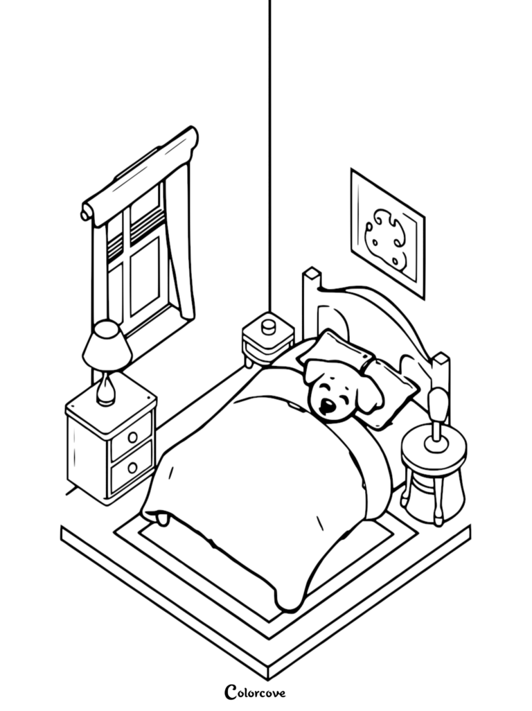 Isometric coloring page of a cute puppy sleeping in a bed with two nightstands, a lamp, and a window.