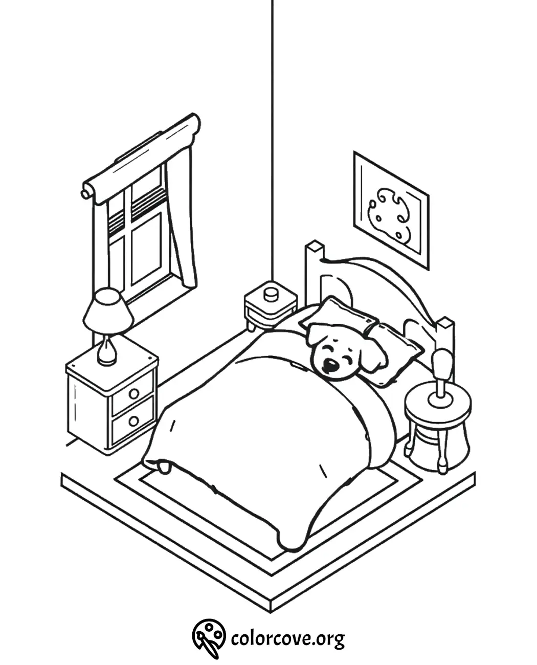 Cozy dog resting in bed, bedroom coloring page with nightstand and window. Perfect for kids' creativity and fun.