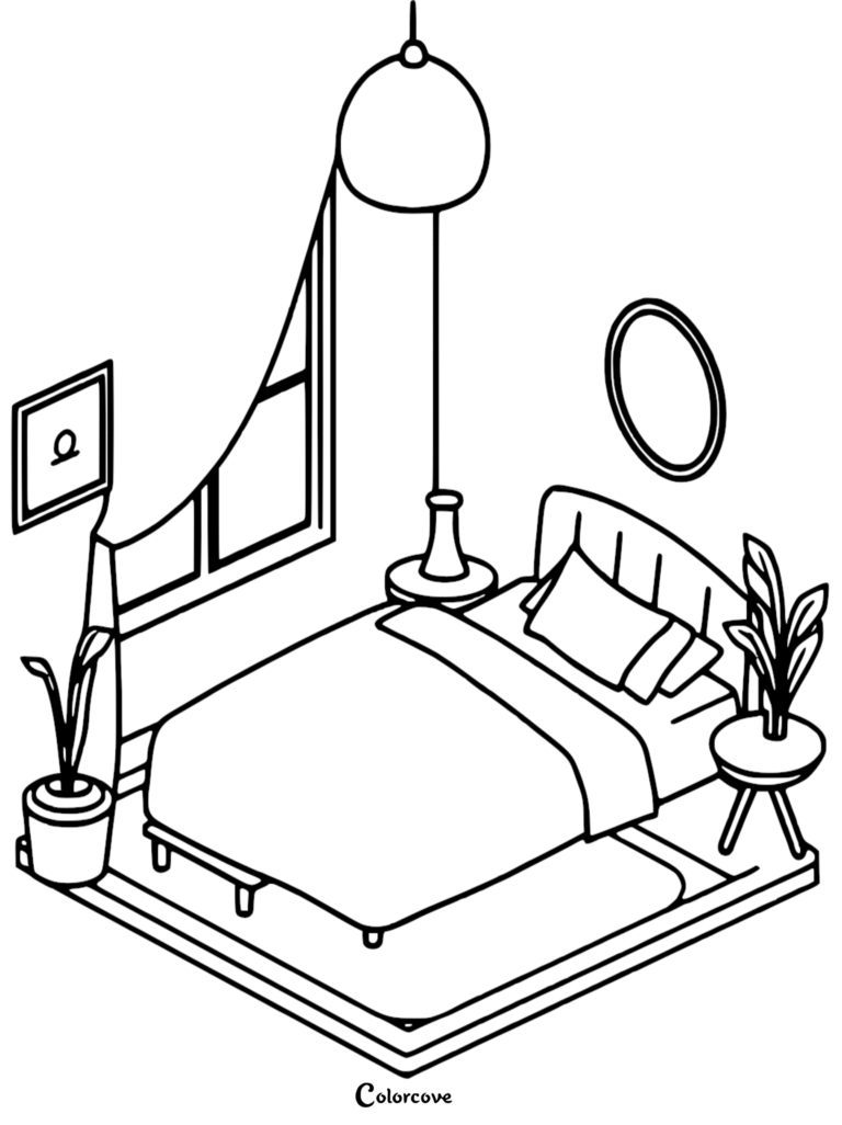Isometric line art coloring page of a cozy bedroom featuring a bed, hanging lamp, potted plants, and wall art.