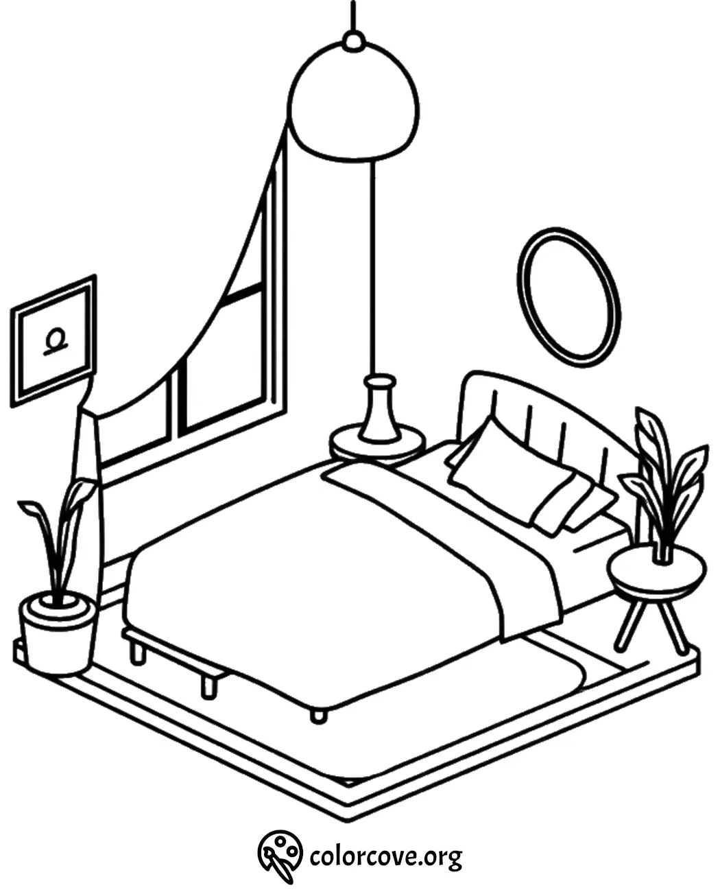 Cozy bedroom coloring page with bed, plants, and decor. Perfect for relaxation and creative coloring.