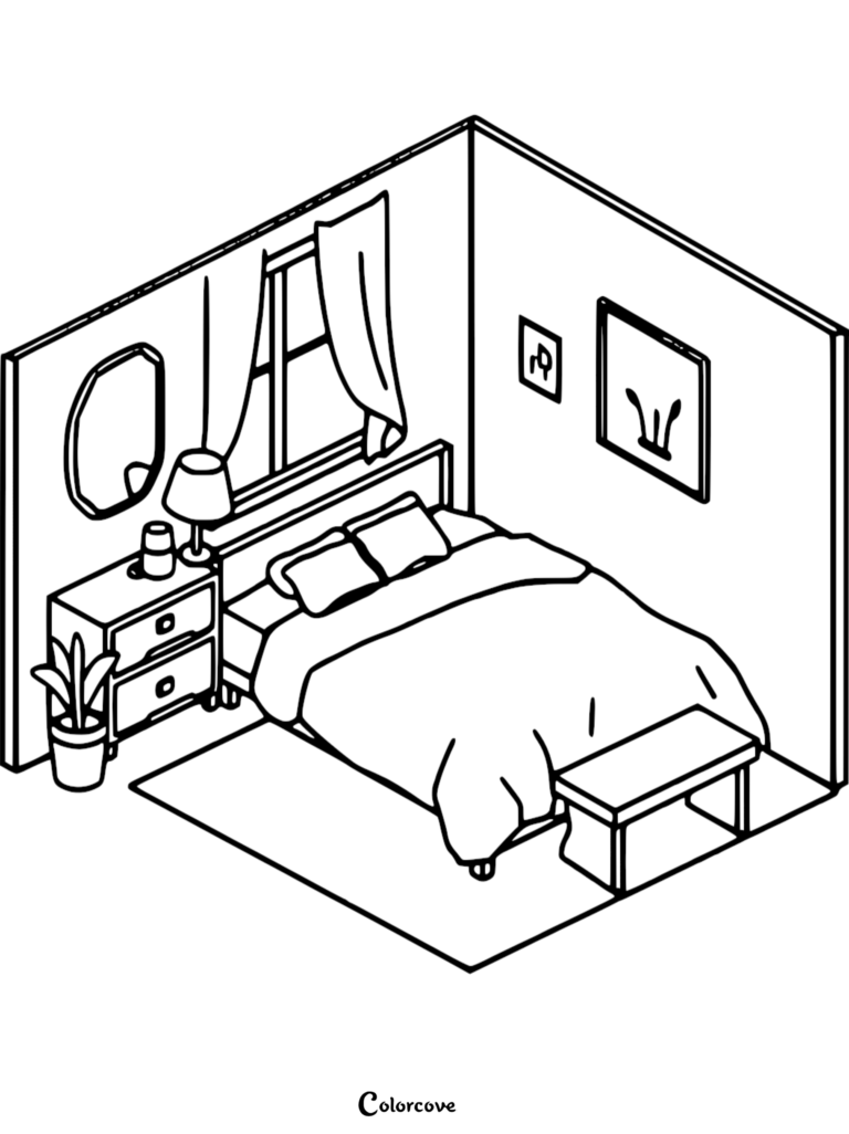 Isometric line art coloring page of a cozy bedroom featuring a bed with two pillows, a nightstand with a lamp, a potted plant, a mirror, and wall art.