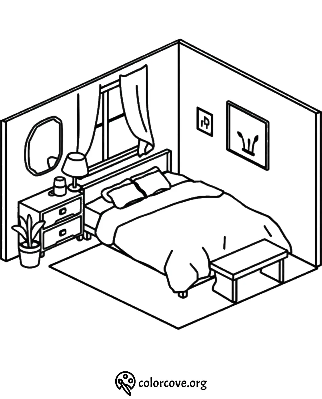 Isometric bedroom coloring page with bed, nightstand, lamp, and wall art. Cozy room illustration for creative coloring.