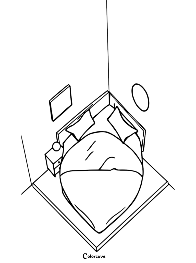 Isometric line art coloring page of a cozy bedroom featuring a double bed with two pillows, a nightstand with a lamp, and wall decor.