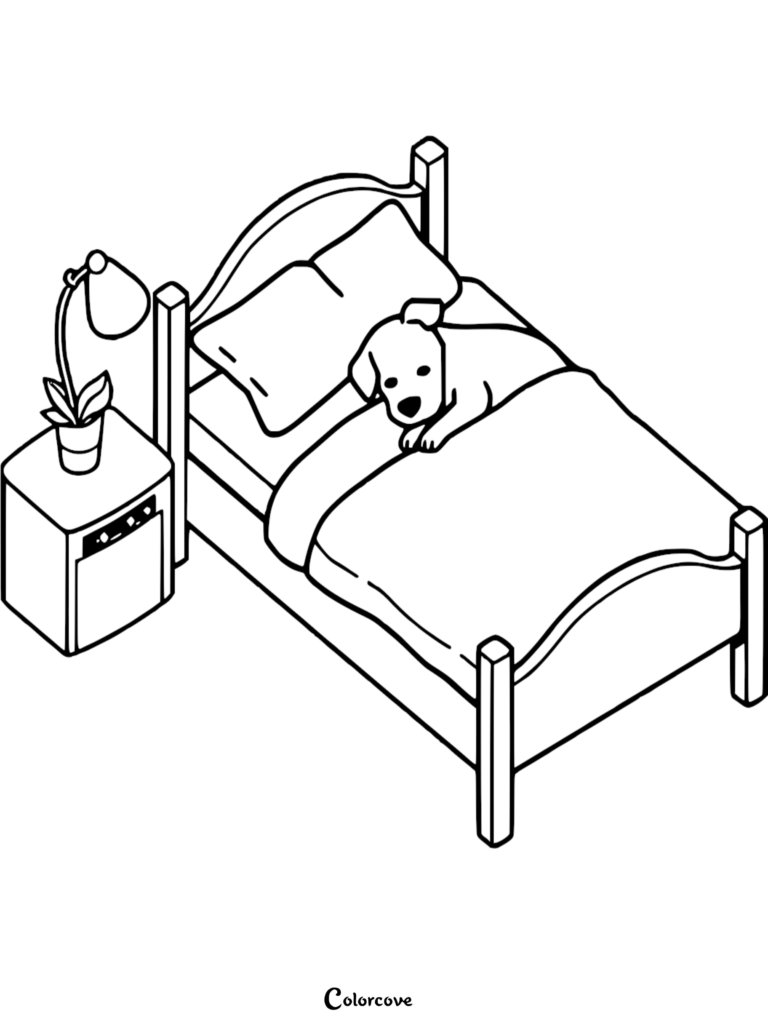 A cute puppy resting on a cozy bed next to a nightstand with a lamp and plant in this isometric coloring page.