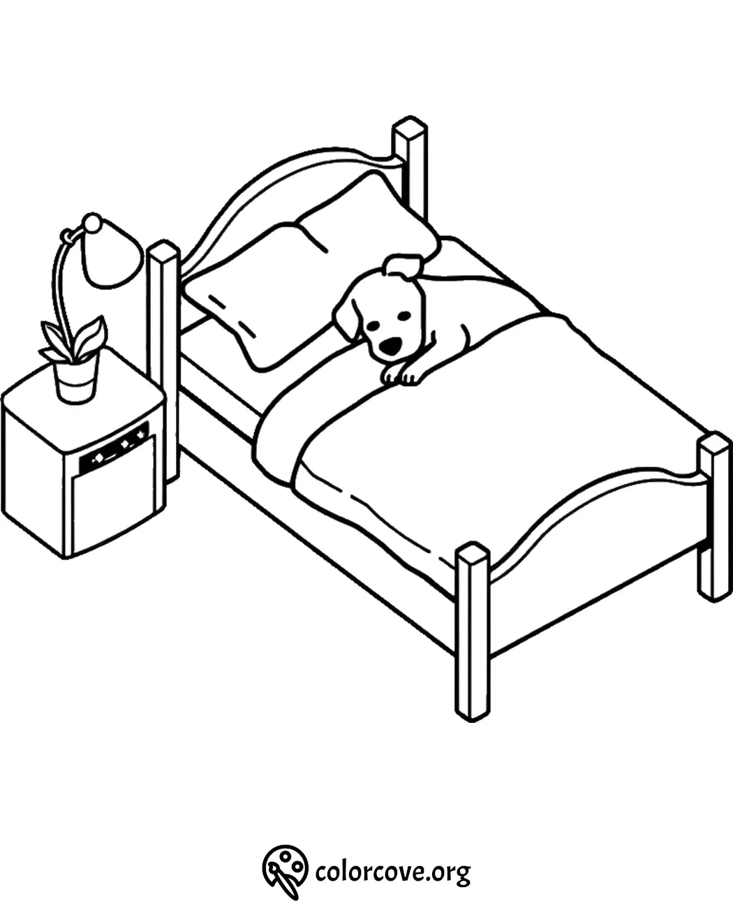 Dog resting on a bed with a nearby lamp and nightstand in a cozy coloring page scene.