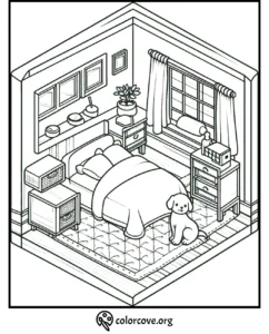 Cozy bedroom coloring page with a dog by the bed, window view, and detailed furniture.