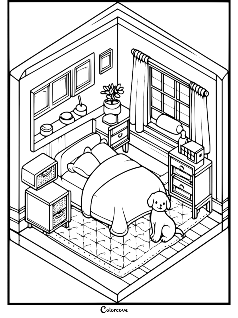 Isometric view of a cozy bedroom coloring page featuring a small puppy sitting on a quilted rug next to a bed, nightstands, and a window.