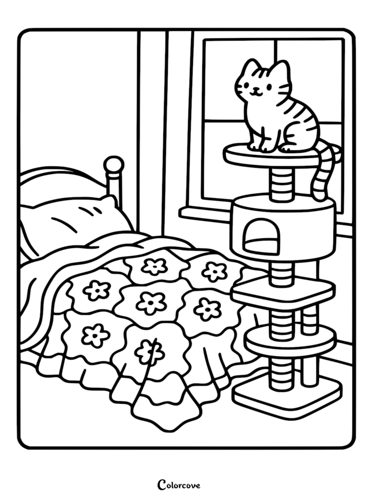 A cute tabby cat sitting on a multi-level cat tree next to a bed with a floral quilt in a cozy bedroom coloring page.