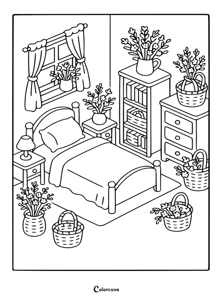 A cozy bedroom coloring page featuring a bed, nightstands, a bookshelf, a dresser, and numerous flower baskets.