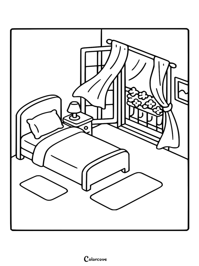 Cozy bedroom coloring page featuring a bed, nightstand with lamp, and an open window with blowing curtains and flower boxes.