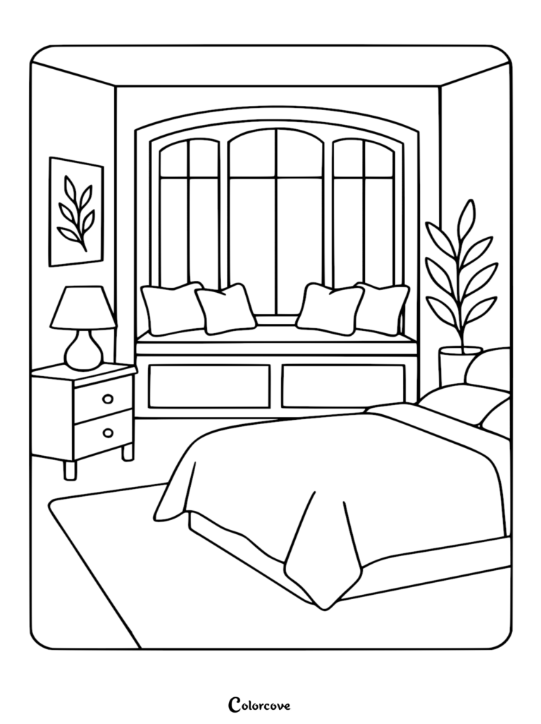 A cozy bedroom coloring page featuring a large window seat with plush pillows, a bedside table with a lamp, and a potted plant.