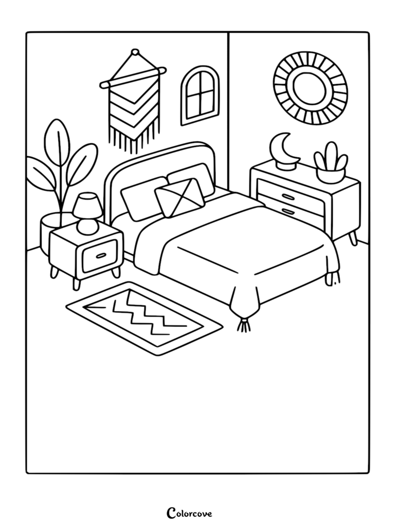 Cozy bedroom coloring page featuring a bed with pillows, a nightstand with a lamp, a dresser with a moon decor, a wall hanging, and a rug.