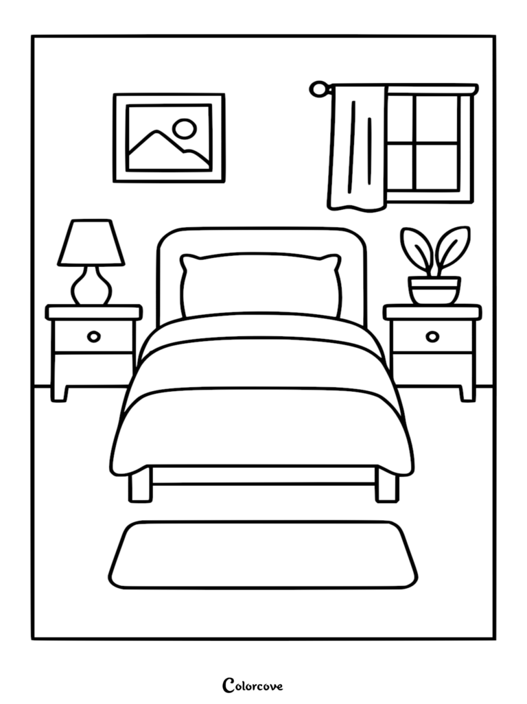 A simple line art coloring page of a cozy bedroom featuring a bed, two nightstands, a lamp, a potted plant, a window with curtains, and a framed mountain picture.