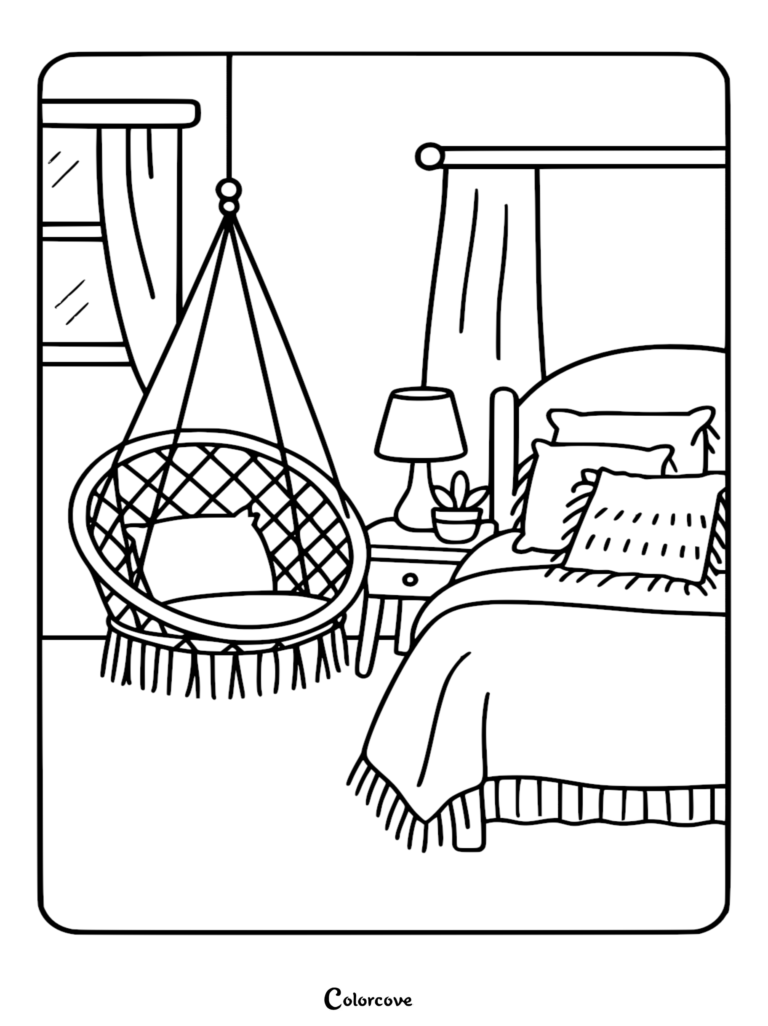 A cozy bedroom coloring page featuring a hanging macrame chair, a bed with decorative pillows, and a bedside lamp.