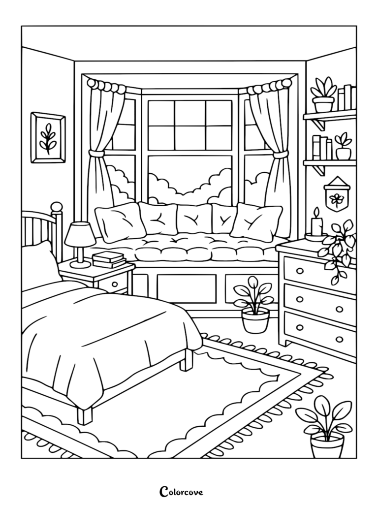 A cozy bedroom coloring page featuring a bay window seat with plush pillows, a made bed, potted plants, and a dresser.