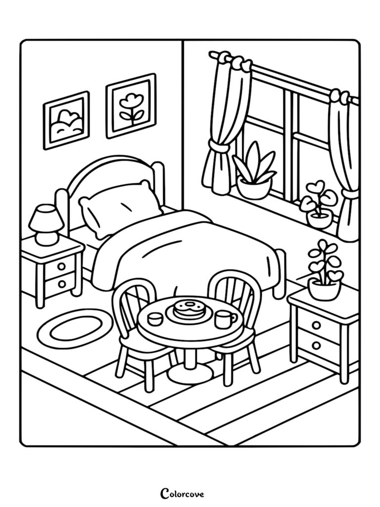 A cozy bedroom coloring page featuring a bed, a small table with a snack, potted plants, and wall art.
