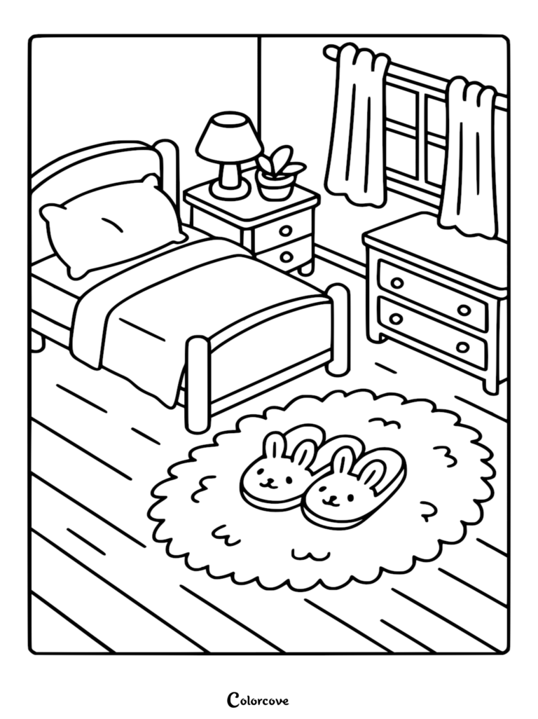 A cozy bedroom coloring page featuring a bed, nightstand with a lamp, dresser, and bunny slippers on a fluffy rug.