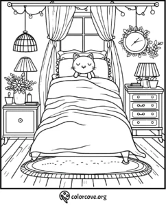 Cozy cat in a bedroom coloring page with bed, nightstands, and window. Perfect for a relaxing coloring activity.