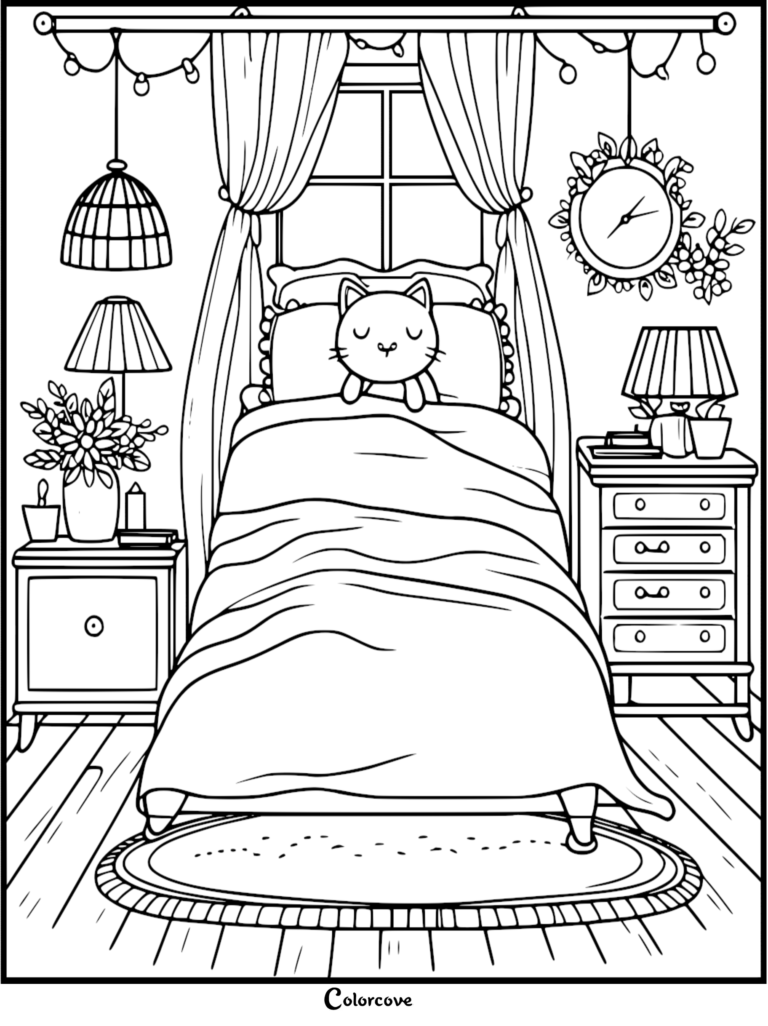 A cute cat sleeping in a cozy bed with fairy lights, bedside lamps, and a floral clock, printable coloring page.