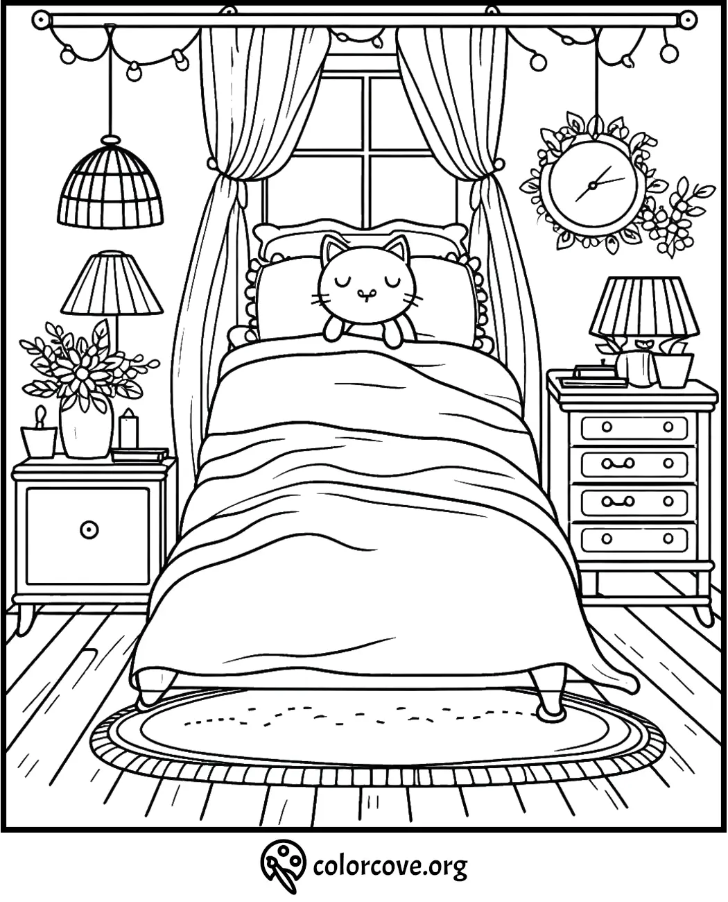 Cozy cat in a bedroom coloring page with bed, nightstands, and window. Perfect for a relaxing coloring activity.