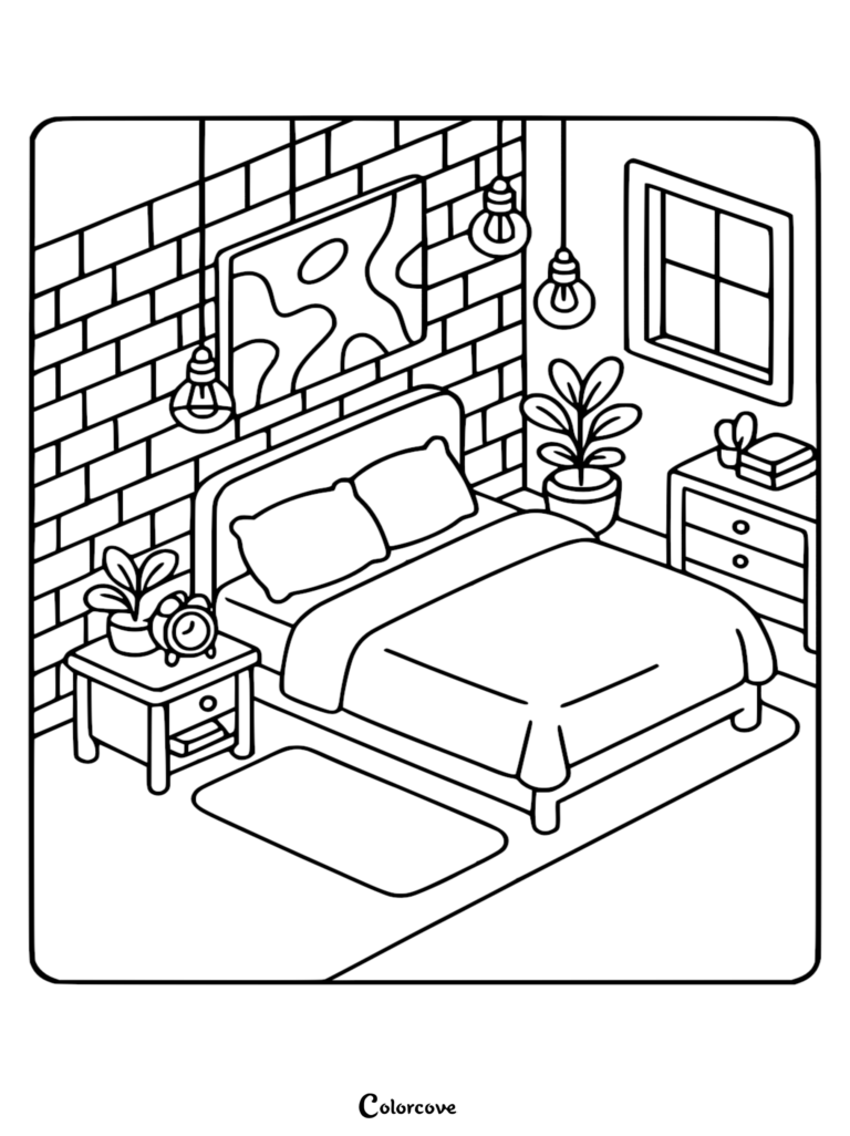 Isometric view of a cozy bedroom coloring page featuring a brick wall, hanging Edison bulbs, potted plants, and a nightstand with an alarm clock.