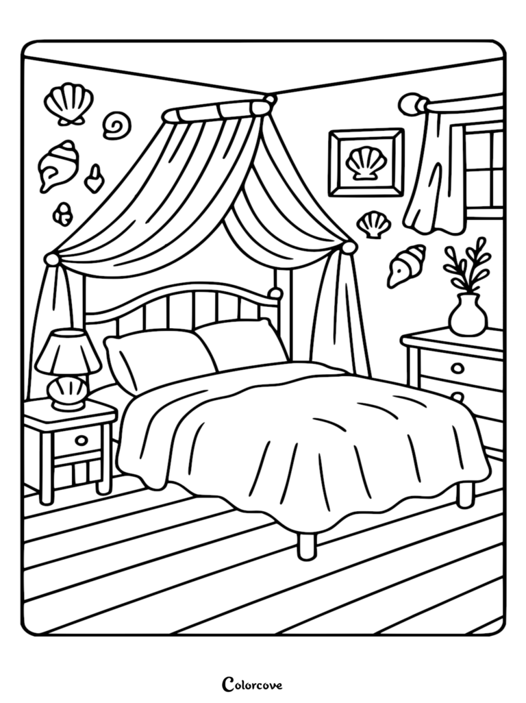 A cozy bedroom coloring page featuring a canopy bed, seashell wall decor, a bedside lamp with a shell base, and a potted plant on a nightstand.