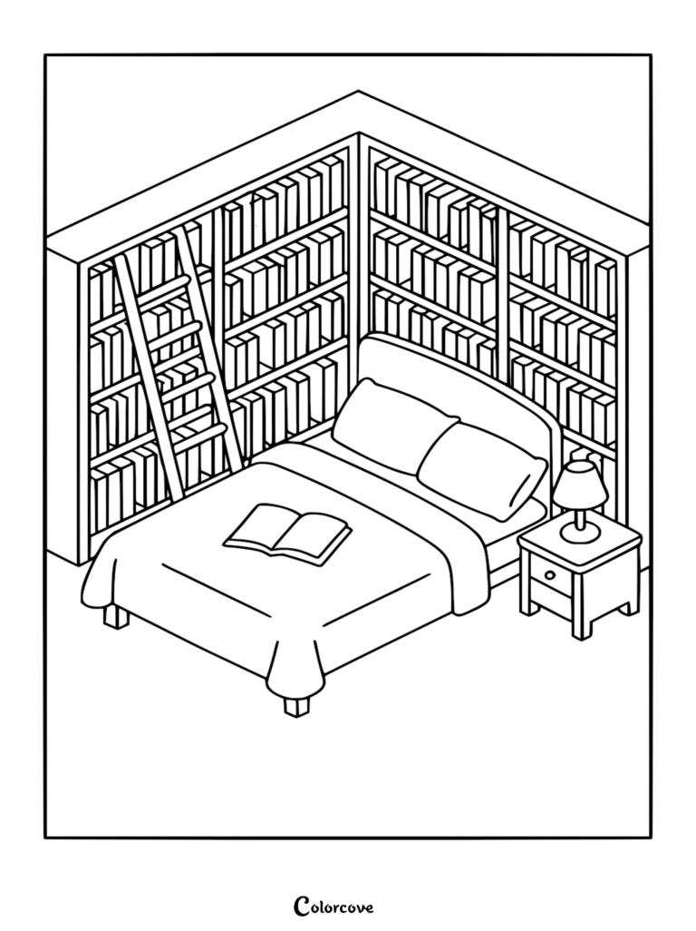 Isometric coloring page of a cozy bedroom featuring a bed with an open book, a nightstand with a lamp, and floor-to-ceiling bookshelves with a rolling ladder.