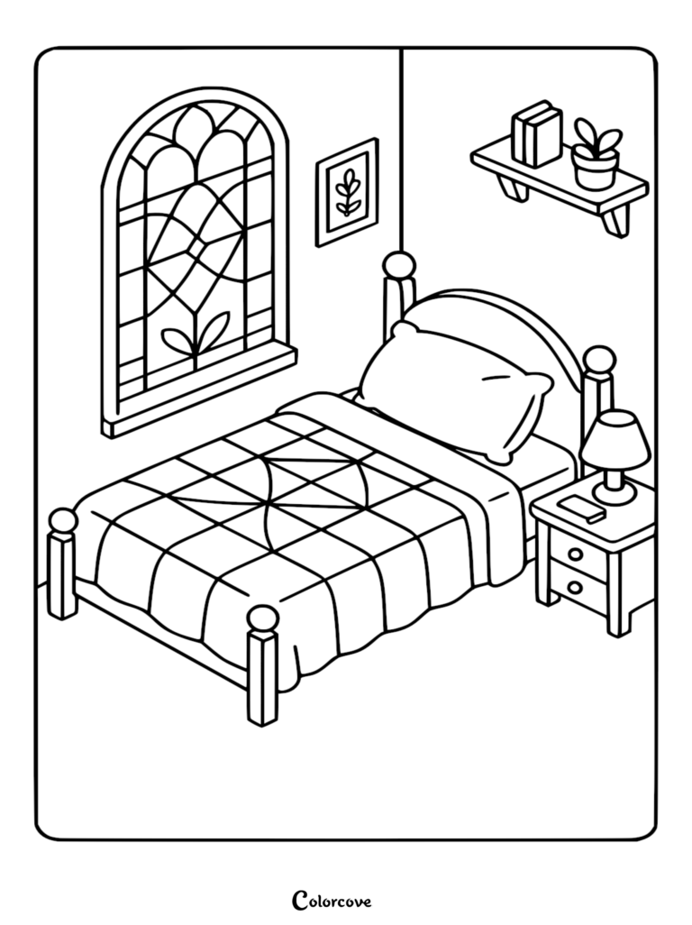 A cozy bedroom coloring page featuring a bed with a geometric quilt, a stained glass window, a nightstand with a lamp, and a wall shelf with books and a plant.