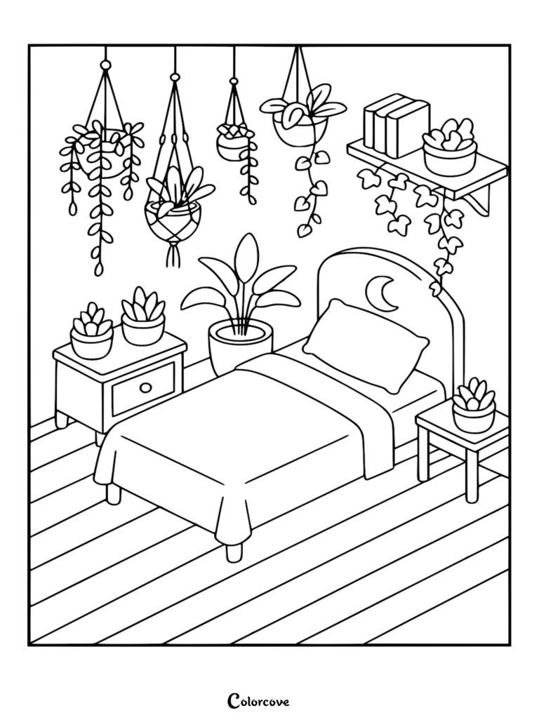 A cozy bedroom coloring page featuring a bed with a crescent moon headboard, surrounded by numerous hanging macrame planters and potted succulents on nightstands.