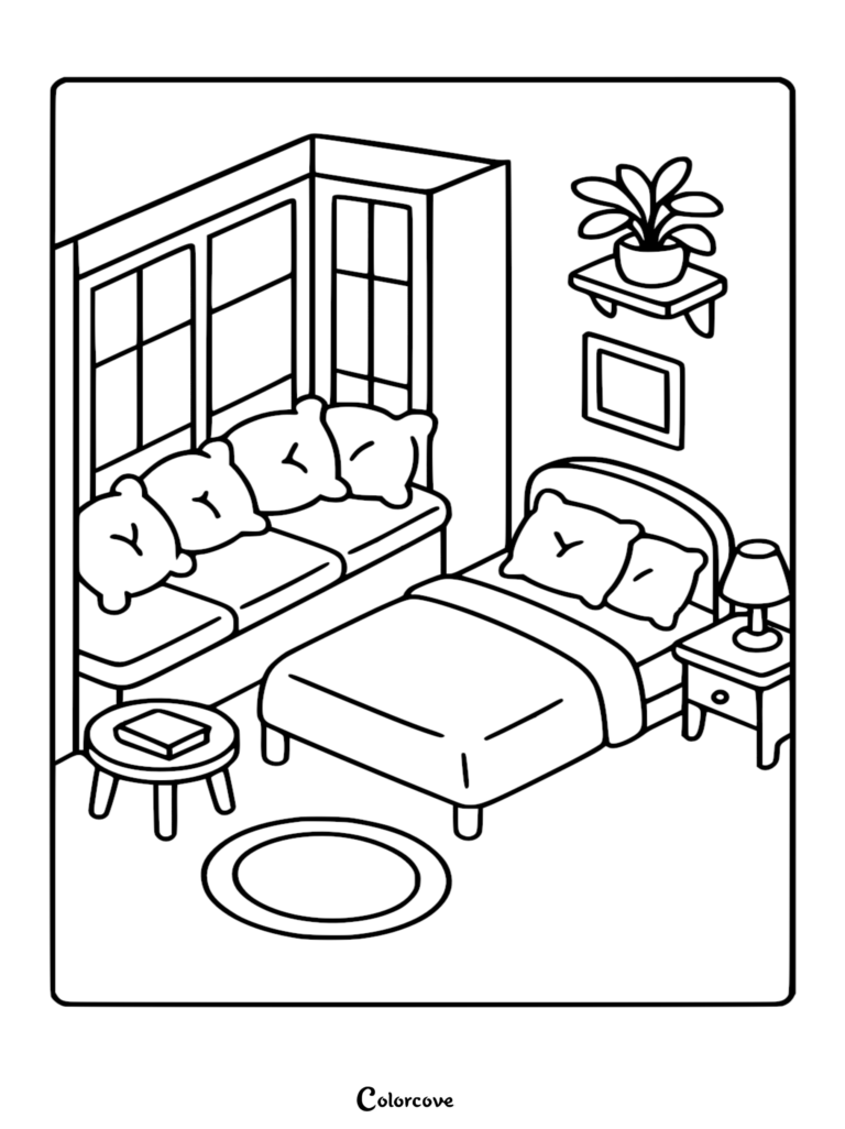 A cozy bedroom coloring page featuring a bed, a window seat with pillows, a nightstand with a lamp, and a wall shelf with a potted plant.